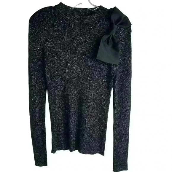 Ann Taylor Factory Women's M Black Metallic Sweater Bow Detail Pullover - Picture 1 of 16